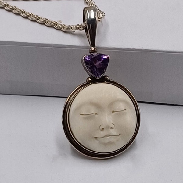 Vintage Sterling Silver Sajen Moon Face Amethyst Goddess Pendant with  and Sterling Rope Chain Necklace