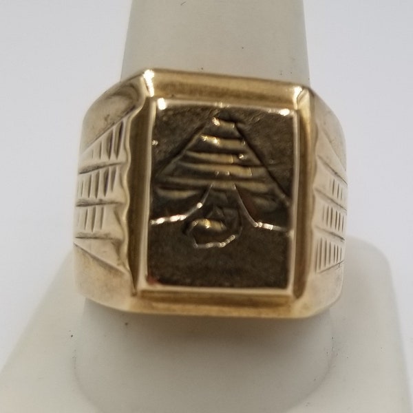 Vintage Large Mens Solid Brass Gypsy Ring, Spade or Pyramid Design, Size 11