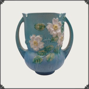 Authentic Roseville White Rose Double-Handled Vase #985-8 – Vintage 1940s Art Pottery