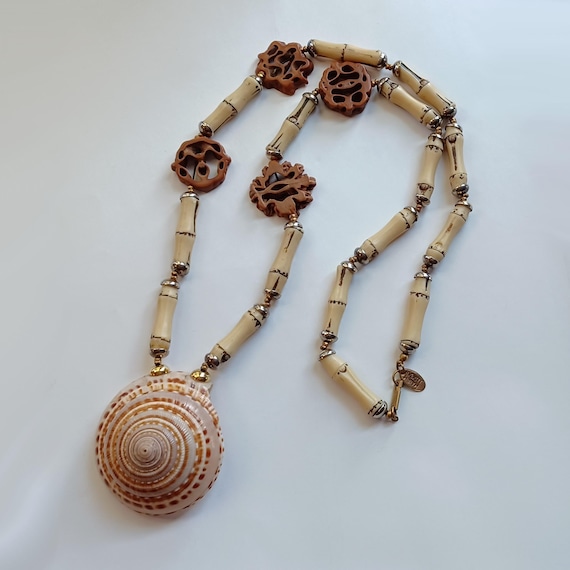 Vintage Signed Miriam Haskell Long Seashell, Bamb… - image 3