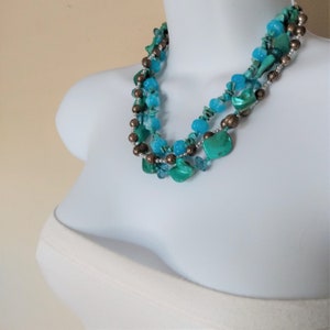 Vintage Teal Mother of Pearl Statement Necklace: Silver, Crystal, Turquoise Beads