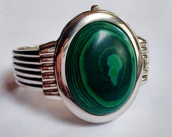 Vintage Ladies Burgi Faux Malachite Southwestern Peekaboo Fashion Clamper Wrist Watch, New Battery