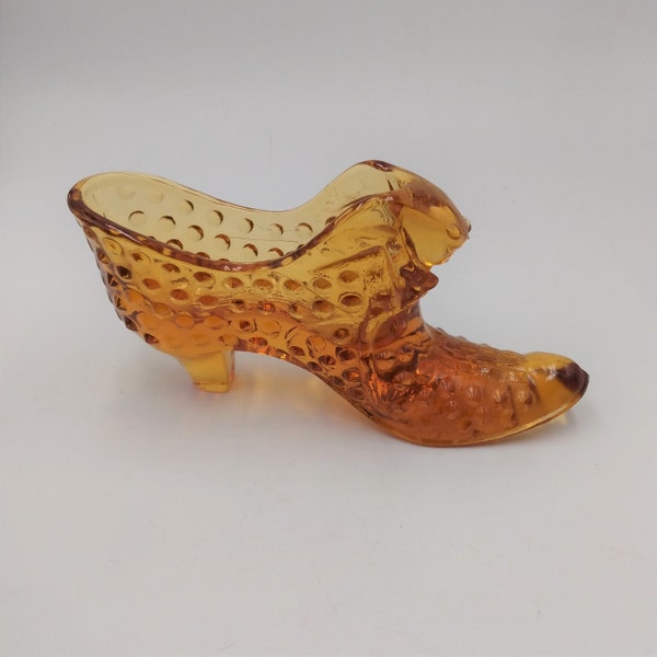 Charming Vintage Fenton Amber Hobnail Cat Art Glass Pressed Glass Slipper