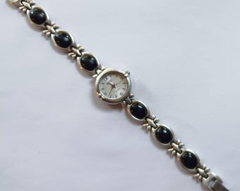 Southwestern Style Kristine Silver-Tone Watch, Black Onyx Style Cabochon Band