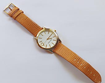 Vintage Nine West Gold Tone and Faux Brown Snakeskin Band Fashion Watch, New Battery