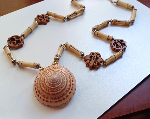 Vintage Signed Miriam Haskell Long Seashell, Bamb… - image 2