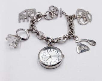Fun Silver Tone Charm Bracelet Watch, Fashion Watch, New Battery