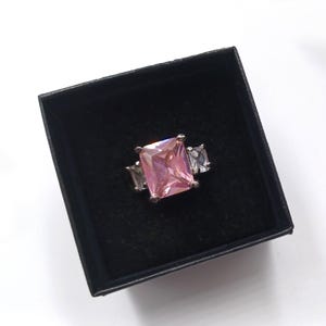 Vintage Silver Tone Pink Cubic Zirconia Ring: Princess Cut, Size 5.75