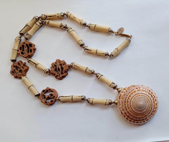 Vintage Signed Miriam Haskell Long Seashell, Bamb… - image 6