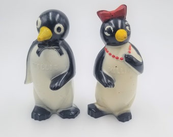 Vintage 1950's F and F Mold and Die Works, Willie and Millie Plastic Penguin Salt and Pepper Shakers