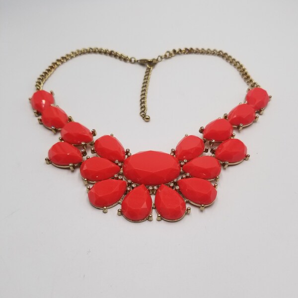 Bold 80's Vintage Gold Tone and Bright Red  Faceted Cabochons and Rhinestone Accents Bib Statement Necklace