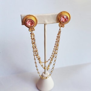 Vintage Shiny Gold Tone with 3 Chains and Pink Rhinestones Sweater Clips