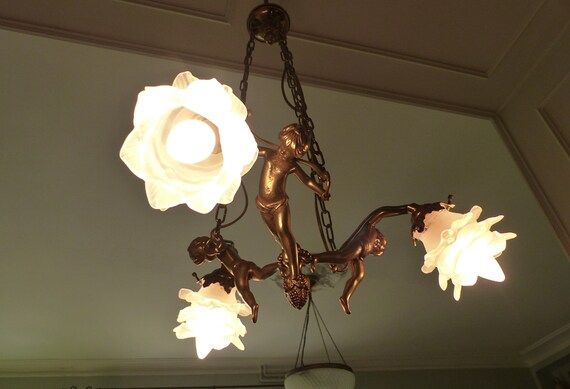 Antique French Cherub Chandelier Glass Shades Three Branch - Antique Bronze Cherub Chandelier Antique French Cherub Chandelier Glass Shades Three Branch - Antique Bronze Cherub Chandelier