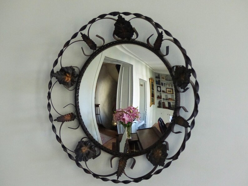 French Convex Wall Mirror Round Metal Framed Star Burst Retro With Leaf Design