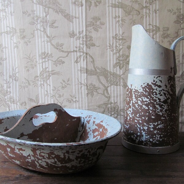 French Antique Toilet Jug/Pitcher and Basin/Bowl - Shabby Chic - Wood/Papier Mâché - French Toilet Set