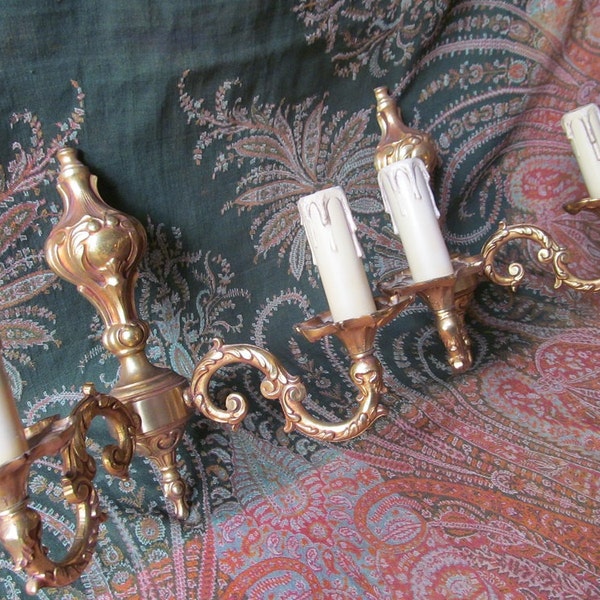 Pair of French Two Armed Electric Wall Sconces - Solid Bronze Appliques - French Wall Lights