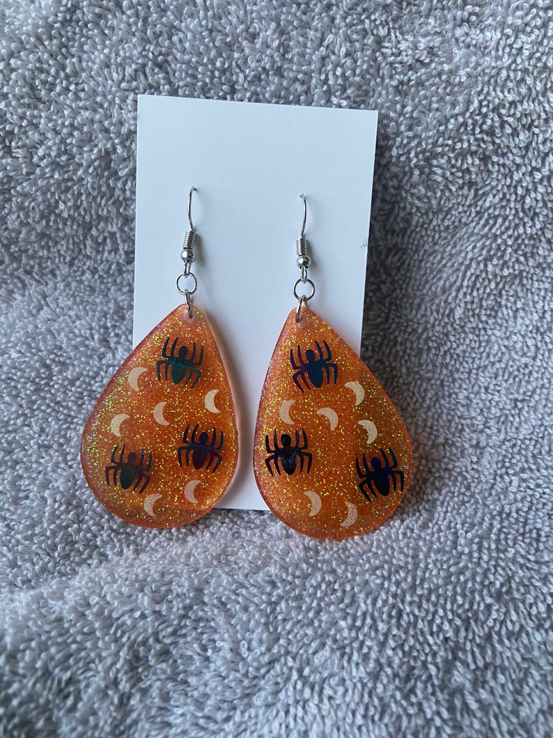 Halloween spider and moon epoxy earrings