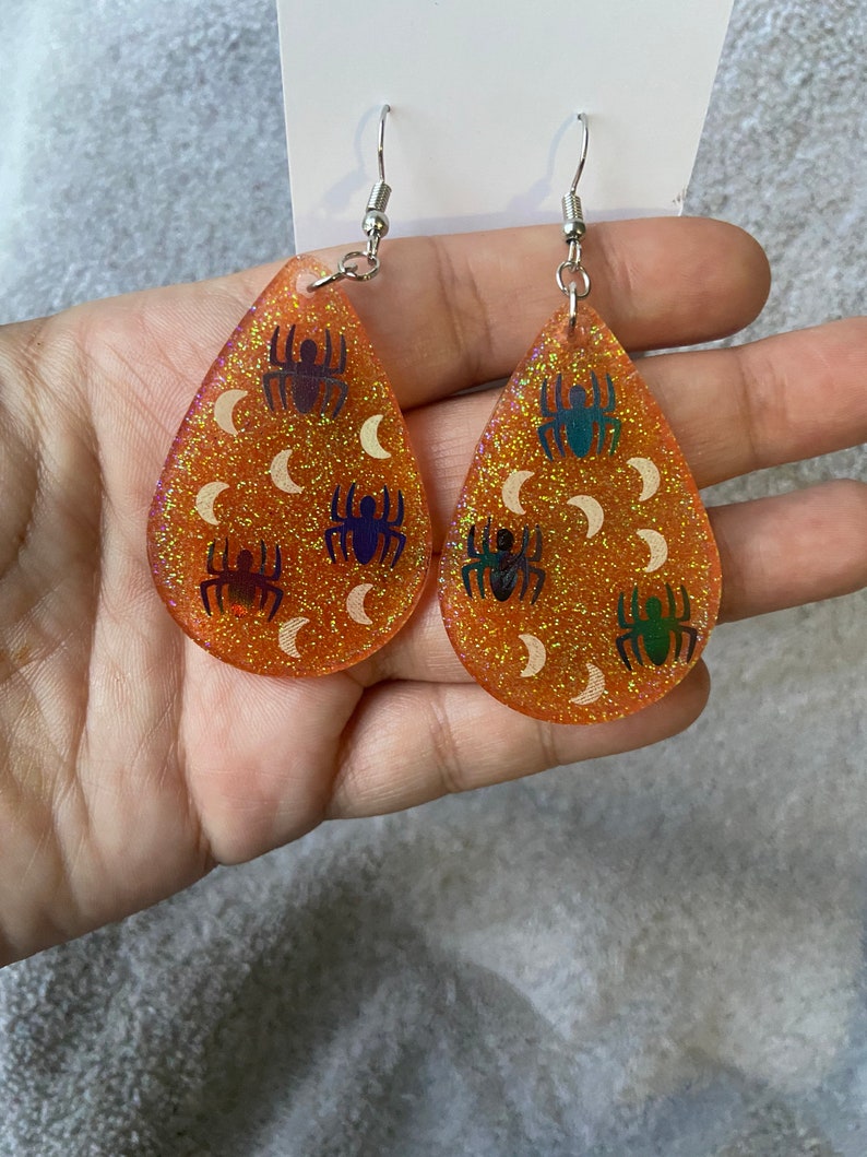 Halloween spider and moon epoxy earrings