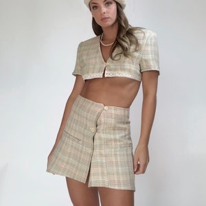 beige multi color plaid vintage rework two piece skirt suit