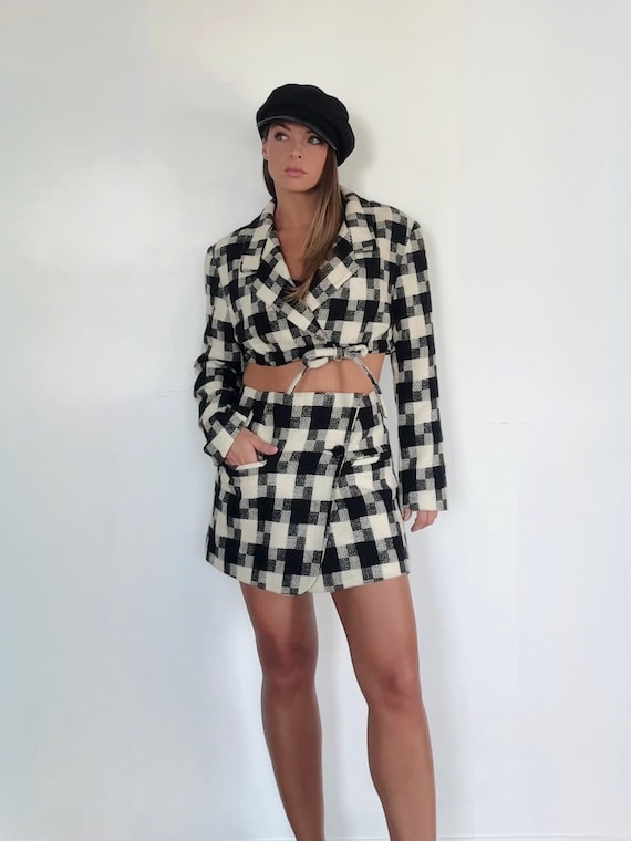 Vintage Reworked Black White Plaid Blazer Suit Set UK