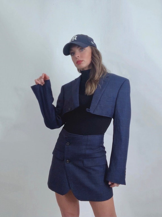 Vintage reworked navy plaid blazer set - image 1