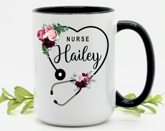 Personalized Nurse Coffee Mug | Heart Shape Stethoscope |Gifts for Women in Healthcare | Birthday Gifts for Caregiver | Watercolor Flowers