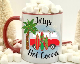 Personalized Hot Cocoa Surfboard Van with Christmas Surfboards Mug | Gifts for Surfers | Custom Surfer Girl Gift | Christmas Surfing Gifts