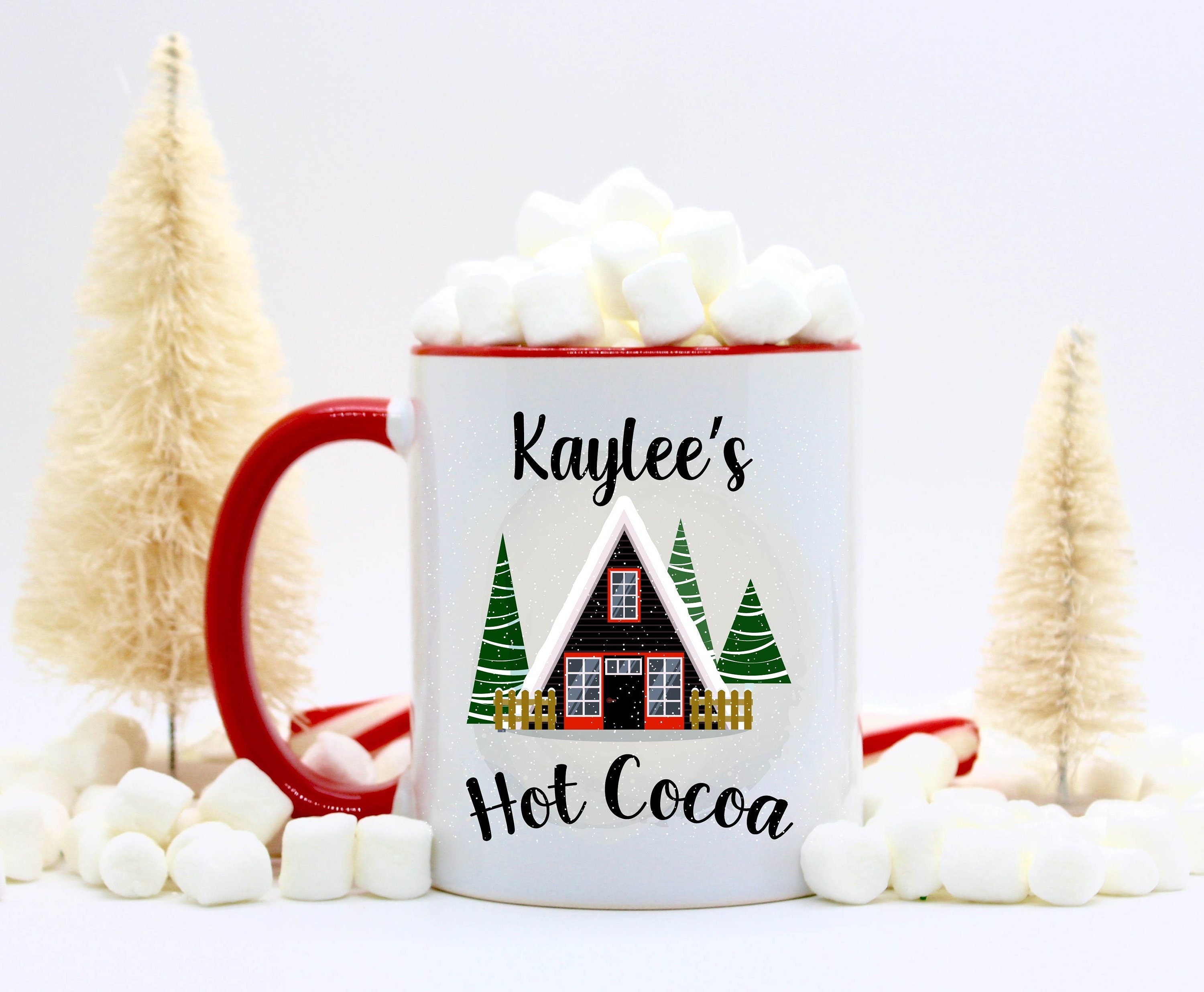 Tazas personalizadas de chocolate caliente en cabinas nevadas / tazas de cacao caliente para niños / regalos para grupos en cabina / cabañas nevadas /