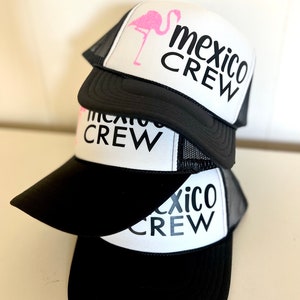 Cute Matching Hats for Group Vacations to Mexico | Mexico Crew Hats | Palm Trees | Vacation Ideas | Trucker Hats | Flamingo Mexico Crew