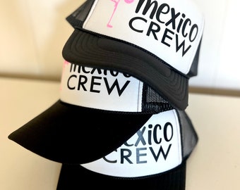 Cute Matching Hats for Group Vacations to Mexico | Mexico Crew Hats | Palm Trees | Vacation Ideas | Trucker Hats | Flamingo Mexico Crew