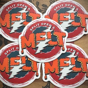 May include: Five round stickers with a red, white, and orange design. The stickers feature the text "SPLIT OPEN & MELT" in a stylized font with a lightning bolt graphic.