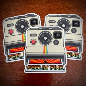 May include: Three vintage-style instant camera stickers with a rainbow stripe and the text "Feelin' Fine" printed on the bottom. Each sticker features a black silhouette of a pigeon.