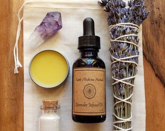 Lavender Gift Set | Lavender Balm, Lavender Infused Body Oil, Lavender Face Mask, Lavender Smoke Bundle, Amethyst, Lepidolite |