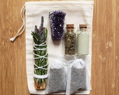 Self-Care Gift Set Palo Santo Tranquility Bundle, Lemon Balm Herbal Tea, Oat-Matcha Face Mask, Amethyst Cluster