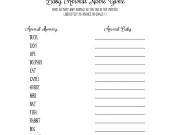 Baby Animal Name Game {Bunny Baby Shower} - Digital File - Instant Download