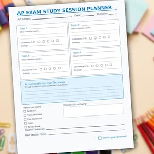 以下が含まれることがあります： 青いテキストと青いヘッダーが付いた白いAP試験学習セッションプランナー。プランナーには、トピック、自信レベル、戦略、リソースのセクションが含まれています。「AP EXAM STUDY SESSION PLANNER」というテキストが上部にあります。