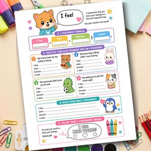 Puede incluir: Una colorida hoja de trabajo con el texto "Me siento" y una "fórmula de declaración en primera persona". La hoja de trabajo incluye animales de dibujos animados y indicaciones para practicar declaraciones en primera persona.