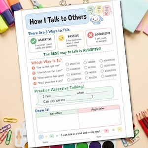 May include: An educational worksheet titled How I Talk to Others, featuring sections on assertive, passive, and aggressive communication styles. It includes a matching exercise, a practice section with fill-in-the-blank prompts, and a drawing area.