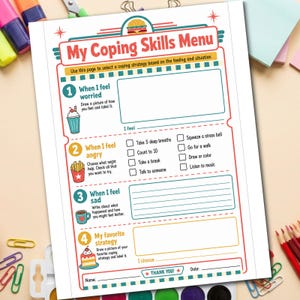 May include: A My Coping Skills Menu worksheet featuring a burger icon at the top. The document includes four numbered sections with prompts for feeling worried, angry, sad, and choosing a favorite strategy, accompanied by icons of a milkshake, fries, coffee, and cake.