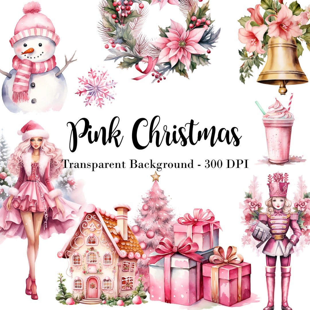 Watercolor Pink Christmas Clipart Bundle Floral Christmas Doll - Etsy