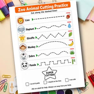 May include: A white Zoo Animal Cutting Practice worksheet featuring six rows with animal icons, including a lion, elephant, giraffe, monkey, zebra, and panda, each with a unique dashed line path to follow, ending with a small icon and the word FINISH.