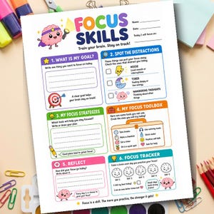 Puede incluir: Un colorido póster educativo titulado "Focus Skills" con secciones para establecer objetivos, identificar distracciones y estrategias de enfoque. Incluye un rastreador de enfoque y una caja de herramientas con consejos. Con ilustraciones y texto.