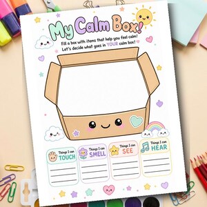 May include: A colourful printable worksheet titled "My Calm Box!" features a cartoon box with a smiling face. The worksheet includes prompts for items to touch, smell, see, and hear, with a rainbow and sun graphic.