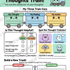 CBT Worksheet for Kids | Thoughts Train Anxiety Activity | Child Therapy Printable image 2