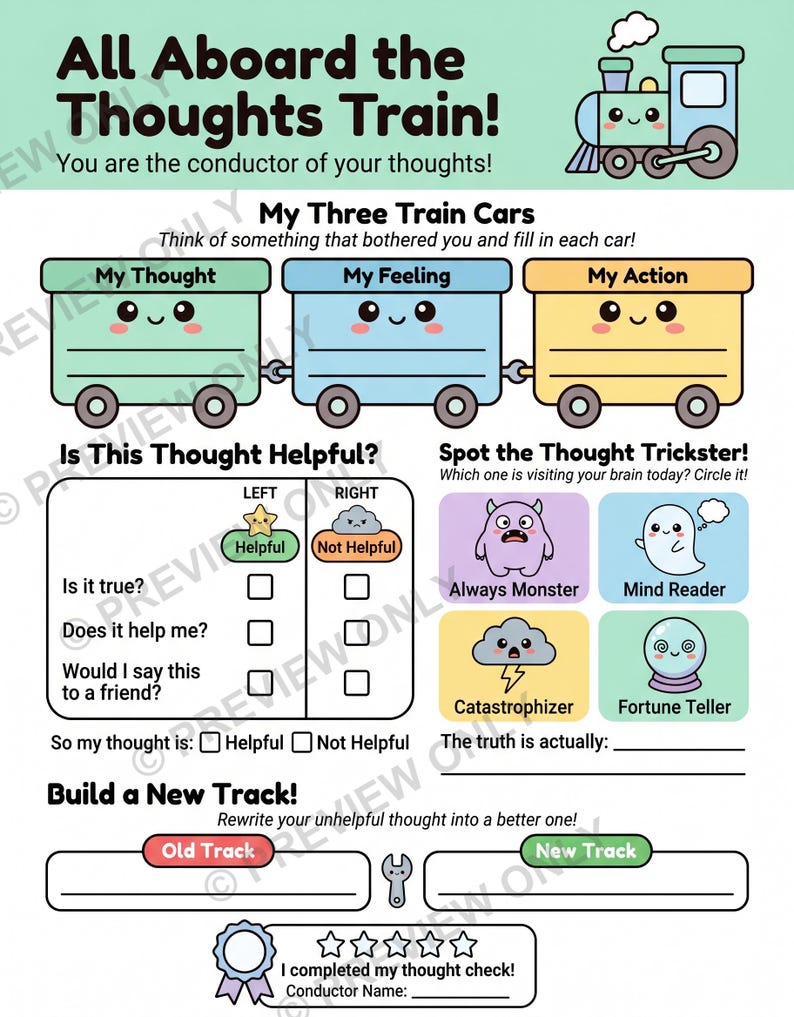 CBT Worksheet for Kids | Thoughts Train Anxiety Activity | Child Therapy Printable image 2