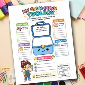 Op de afbeelding: Een kleurrijke print getiteld "MY CALM-DOWN TOOLBOX" met illustraties en tekst. Het bevat secties voor lichaams-, geest-, zintuiglijke en sociale tools, samen met een gereedschapskistafbeelding en een ruimte om top tools op te sommen. Inclusief een "Color Me!" badge.