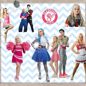 May include: A collage featuring characters from the movie "Zombies". The image includes cheerleaders in pink and white uniforms, a football player, and other characters. The "Seabrook High" logo is also visible.