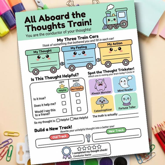 CBT Worksheet for Kids | Thoughts Train Anxiety Activity | Child Therapy Printable