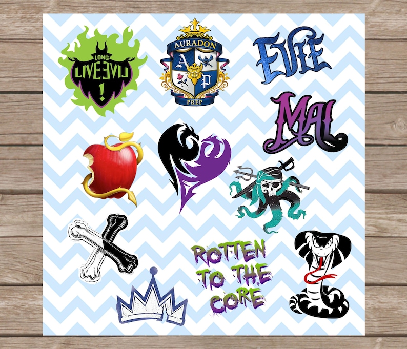 May include: A set of ten colorful iron-on transfers featuring characters and logos from the Disney movie Descendants. The transfers include the words "Long Live Evil", "Evie", "Mal", "Rotten to the Core", and a crown, a heart, a snake, a skull, a poisoned apple, and a crest.