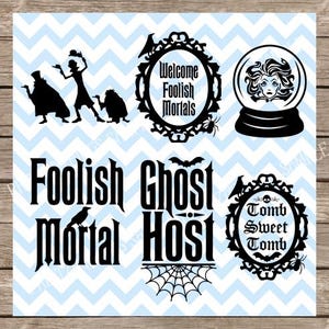 May include: Black and white silhouette design featuring a spooky mansion, a ghost, a raven, and a spider web. The text "Foolish Mortal Ghost Host" is included in the design.